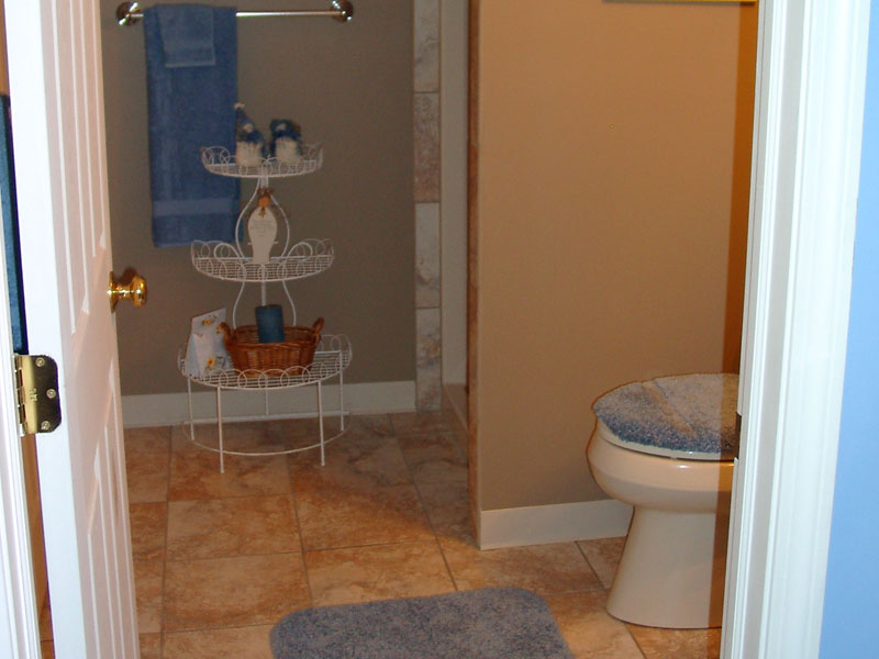 Bathroom upgrade showing shower area and door as well as new toilet.